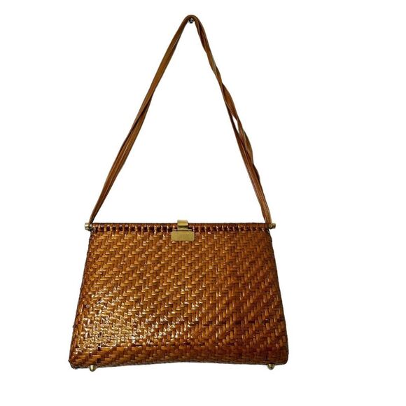 Vintage Brown Wicker Clutch Purse Crossbody Italy Rattan Bamboo Gold Hardware - Picture 3 of 16